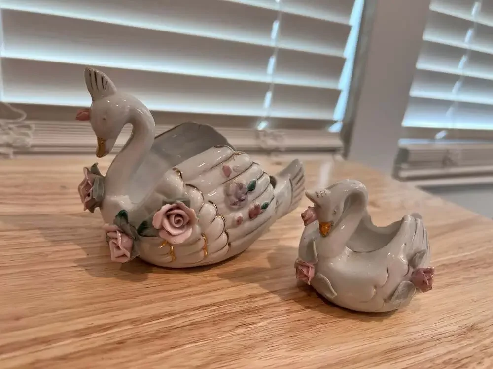 Vintage Porcelain Swan Trinket Dishes with Applied Floral Roses and Gold Trim